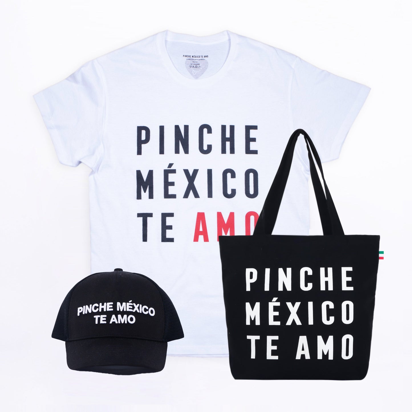 Kit Pinche México Te Amo con playera blanca y AMO rojo, bolsa negra y gorra negra